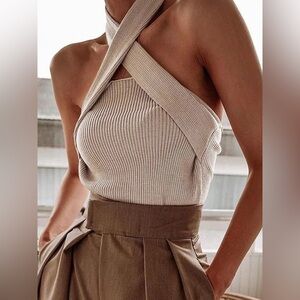 Commense Beige Ribbed Halter Top